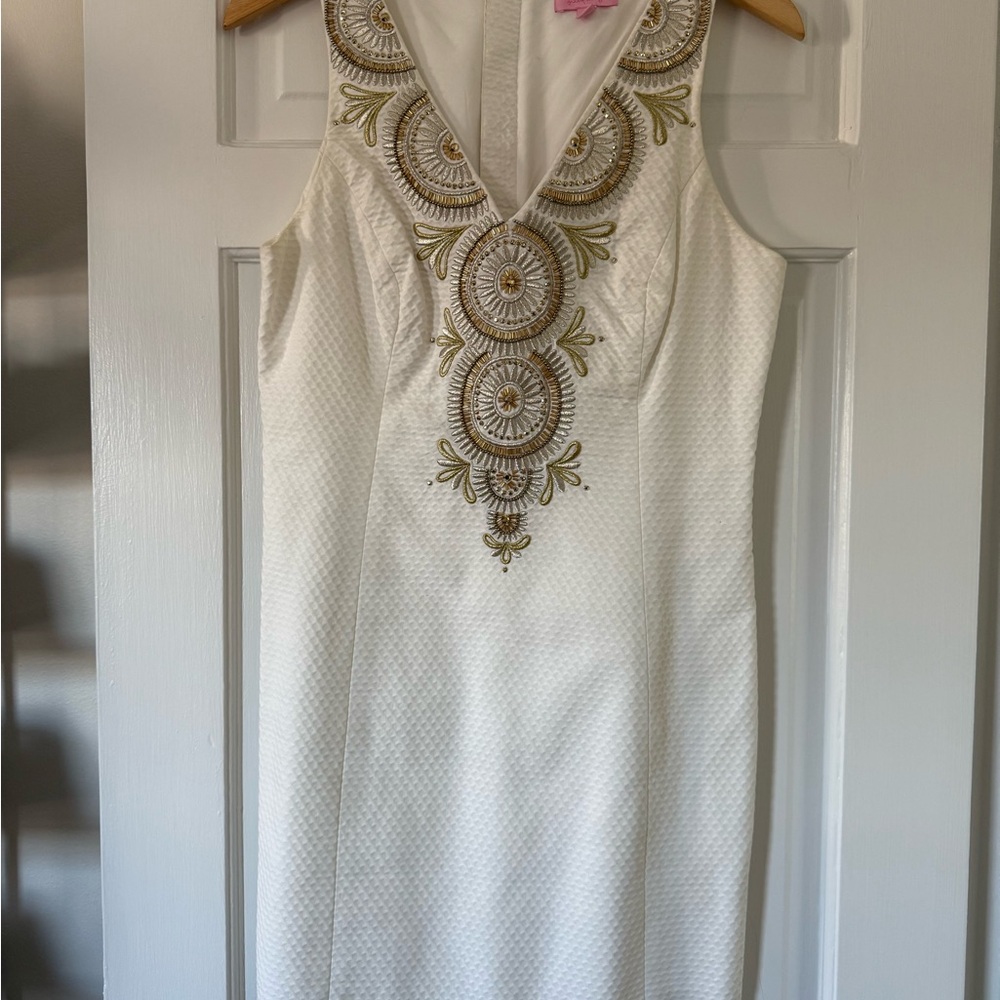 Lilly Pulitzer White Dress with Gold Embroidery